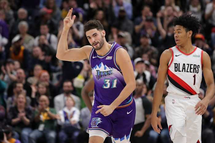 Georges Niang (31) celebrates in the Utah Jazz win over the Portland Trail Blazers